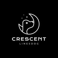 night crescent with dog portrait simple style line minimal mascot character cartoon logo design vector icon illustration