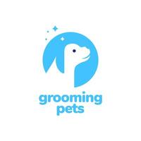 head dog portrait pets cleaning grooming flat circle modern mascot character cartoon logo design vector icon illustration