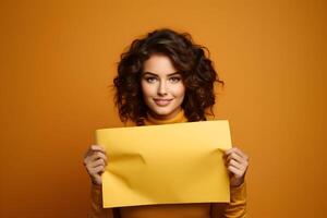 AI generated Young brunette woman holding a yellow blank placard or empty paper sign banner in her hands, on brown background. Design poster template, print presentation mock-up. photo