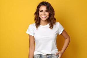 AI generated Young woman wearing bella canvas white shirt mockup, at yellow background. Design tshirt template, print presentation mock-up. photo