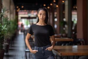 AI generated Young african woman wearing bella canvas black t shirt and jeans, at a cozy restaurant on summers day. Design tshirt template, print presentation mockup. photo