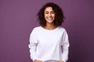 ai generado joven mujer vistiendo blanco camisa de entrenamiento Bosquejo, a púrpura antecedentes. diseño pull-over plantilla, impresión presentación Bosquejo. foto