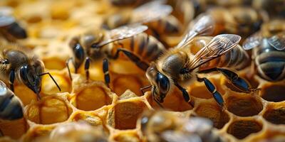 ai generado miel abejas trabajando en panal. de cerca bandera, primavera y verano antecedentes. apicultura, fauna silvestre y ecología concepto. foto