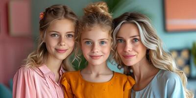 AI generated Portrait of mother and two daughter, happy family hugging with love, tenderness at home, bonding, smiling. Mother's or international women's day concept. photo