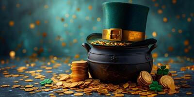 AI generated The Saint Patrick's day black cauldron with golden coins, hat and shamrocks on green background. St. Patrick's Day banner concept with copy space. photo