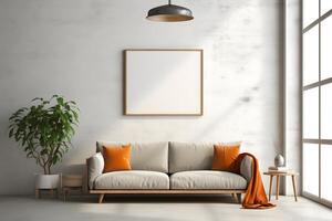 AI generated Rectangular frame poster mockup, on light concrete wall in living interior with modern boho furniture and big window, century gray sofa, scandinavian style interior decoration. photo