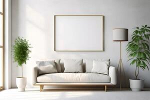 AI generated Rectangular frame poster mockup, on light concrete wall in living interior with modern boho furniture and big window, century gray sofa, scandinavian style interior decoration. photo