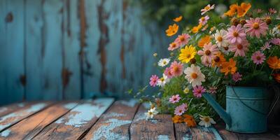 AI generated Colorful garden flowers with blue watering can on wooden table. Gardening background mockup concept with copy space. photo