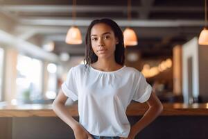 AI generated Young woman wearing bella canvas white t shirt and jeans, at a cozy restaurant on summers day. Design tshirt template, print presentation mockup. photo