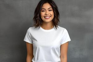 AI generated Young woman wearing bella canvas white shirt mockup, at dark gray background. Design tshirt template, print presentation mock-up. photo