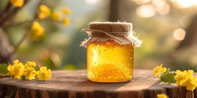 AI generated Honey jar with meadow flowers on wooden table with copy space. Beekeeping, natural treatment for cough, strengthening the immune system and preventing colds concept. photo