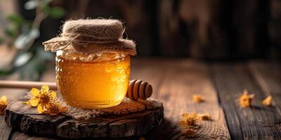 AI generated Honey jar with honey dipper, stick and meadow flowers on wooden table with copy space. Beekeeping, natural treatment for cough, strengthening the immune system concept. photo