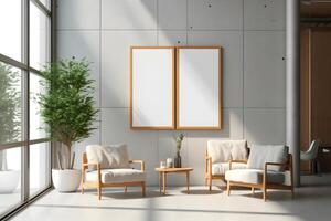 AI generated Rectangular frame poster mockups, on light concrete wall in the waiting room of the hospital with modern scandinavian style furniture and big window, loft interior decoration. photo