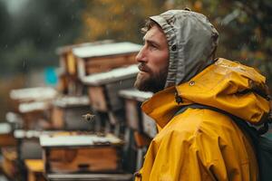 AI generated A beekeeper against the background of beehives on a apiary. Beekeeping, wildlife and ecology concept. Close-up man portrait, spring and summer background with copy space. photo