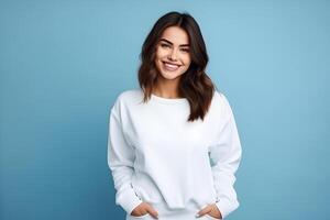 ai generado joven mujer vistiendo blanco camisa de entrenamiento Bosquejo, a azul antecedentes. diseño pull-over plantilla, impresión presentación Bosquejo. foto