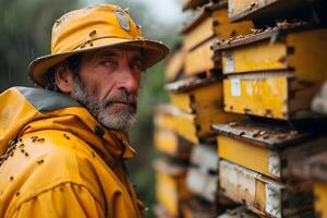 AI generated A beekeeper against the background of beehives on a apiary. Beekeeping, wildlife and ecology concept. Close-up man portrait, spring and summer background with copy space. photo