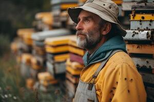 AI generated A beekeeper against the background of beehives on a apiary. Beekeeping, wildlife and ecology concept. Close-up man portrait, spring and summer background with copy space. photo