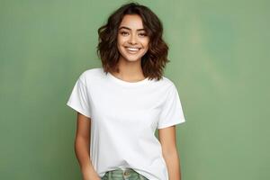 AI generated Young woman wearing bella canvas white shirt mockup, at green background. Design tshirt template, print presentation mock-up. photo