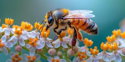 AI generated Honey bee covered with yellow pollen collecting nectar from meadow flowers. Close-up banner, spring and summer background. Beekeeping, wildlife and ecology concept. photo