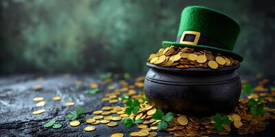 AI generated The Saint Patrick's day black cauldron with golden coins, hat and shamrocks on green background. St. Patrick's Day banner concept with copy space. photo