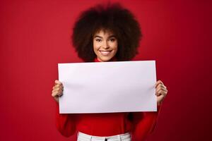 AI generated Young brunette woman holding a blank placard or empty paper sign banner in her hands, on red background. Design poster template, print presentation mock-up. photo
