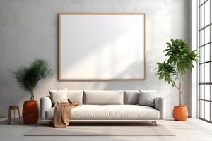 AI generated Rectangular frame poster mockup, on light concrete wall in living interior with modern boho furniture and big window, century gray sofa, scandinavian style interior decoration. photo