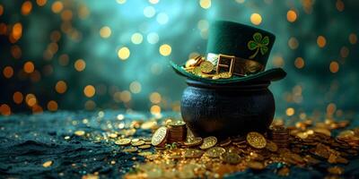 AI generated The Saint Patrick's day black cauldron with golden coins, hat and shamrocks on green background. St. Patrick's Day banner concept with copy space. photo