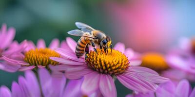 ai generado miel abeja cubierto con amarillo polen coleccionar néctar desde aster flor. de cerca bandera, primavera y verano antecedentes. apicultura, fauna silvestre y ecología concepto. foto