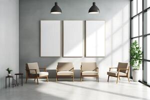 AI generated Rectangular frame poster mockups, on light concrete wall in the waiting room of the hospital with modern scandinavian style furniture and big window, loft interior decoration. photo