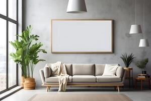 AI generated Rectangular frame poster mockup, on light concrete wall in living interior with modern boho furniture and big window, century beige sofa, scandinavian style interior decoration. photo