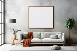 AI generated Rectangular frame poster mockup, on light concrete wall in living interior with modern boho furniture and big window, century gray sofa, scandinavian style interior decoration. photo