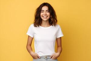 AI generated Young woman wearing bella canvas white shirt mockup, at yellow background. Design tshirt template, print presentation mock-up. photo