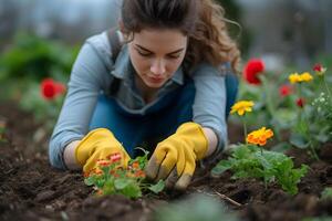 ai generado de cerca de jardineros mujer vistiendo amarillo caucho guantes, plantando joven amarillo flores plántulas a jardín cama. jardinería antecedentes concepto. foto