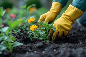 ai generado de cerca de jardineros hembra manos vistiendo amarillo caucho guantes, plantando joven amarillo flores plántulas a jardín cama. jardinería antecedentes concepto. foto
