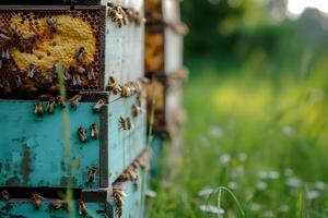 AI generated Honey bees working with honeycomb on the beehive. Close-up banner, spring and summer background. Beekeeping, wildlife and ecology concept with copy space. photo