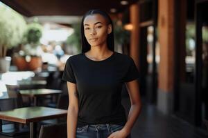 AI generated Young african woman wearing bella canvas black t shirt and jeans, at a cozy restaurant on summers day. Design tshirt template, print presentation mockup. photo