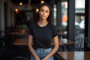 AI generated Young african woman wearing bella canvas black t shirt and jeans, at a cozy restaurant on summers day. Design tshirt template, print presentation mockup. photo