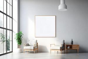 AI generated Square frame poster mockup, on light concrete wall in the waiting room of the hospital with modern scandinavian style furniture and big window, loft interior decoration. photo