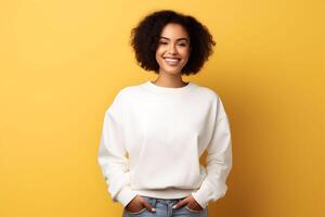 ai generado joven mujer vistiendo blanco camisa de entrenamiento Bosquejo, a amarillo antecedentes. diseño pull-over plantilla, impresión presentación Bosquejo. foto