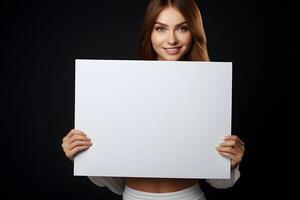 AI generated Young brunette woman holding a blank placard or empty paper sign banner in her hands, on dark background. Design poster template, print presentation mock-up. photo