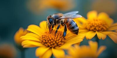 AI generated Honey bee covered with yellow pollen collecting nectar from meadow flowers. Close-up banner, spring and summer background. Beekeeping, wildlife and ecology concept. photo