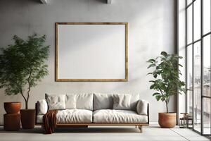 AI generated Rectangular frame poster mockup, on light concrete wall in living interior with modern boho furniture and big window, century gray sofa, scandinavian style interior decoration. photo