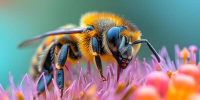 AI generated Honey bee covered with yellow pollen collecting nectar from aster flower. Close-up banner, spring and summer background. Beekeeping, wildlife and ecology concept. photo