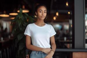 AI generated Young woman wearing bella canvas white t shirt and jeans, at a cozy restaurant on summers day. Design tshirt template, print presentation mockup. Ai generated. photo