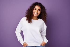 ai generado joven mujer vistiendo blanco camisa de entrenamiento Bosquejo, a púrpura antecedentes. diseño pull-over plantilla, impresión presentación Bosquejo. foto