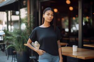 AI generated Young african woman wearing bella canvas black t shirt and jeans, at a cozy restaurant on summers day. Design tshirt template, print presentation mockup. photo