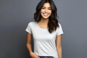 AI generated Young woman wearing bella canvas white shirt mockup, at dark gray background. Design tshirt template, print presentation mock-up. photo