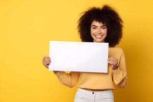 AI generated Young brunette woman holding a white blank placard or empty paper sign banner in her hands, on yellow background. Design poster template, print presentation mock-up. photo