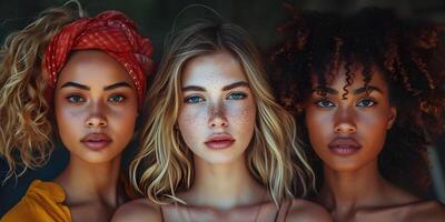 ai generado internacional De las mujeres historia día bandera con muchos multirracial mujer de diferente nacionalidades y religiones De las mujeres igualdad día, diversidad, feminismo, concepto con diverso mujer caras. foto