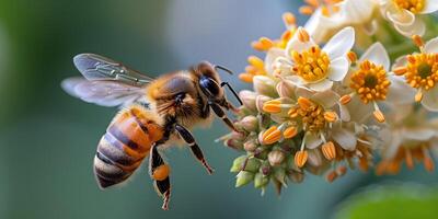 AI generated Honey bee covered with yellow pollen collecting nectar from meadow flowers. Close-up banner, spring and summer background. Beekeeping, wildlife and ecology concept. photo